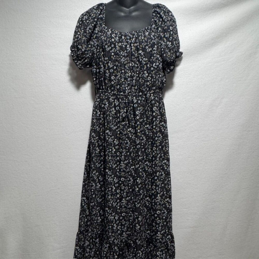 WallFlower Black Floral Puff Sleeve Square Neck Midi Dress Large